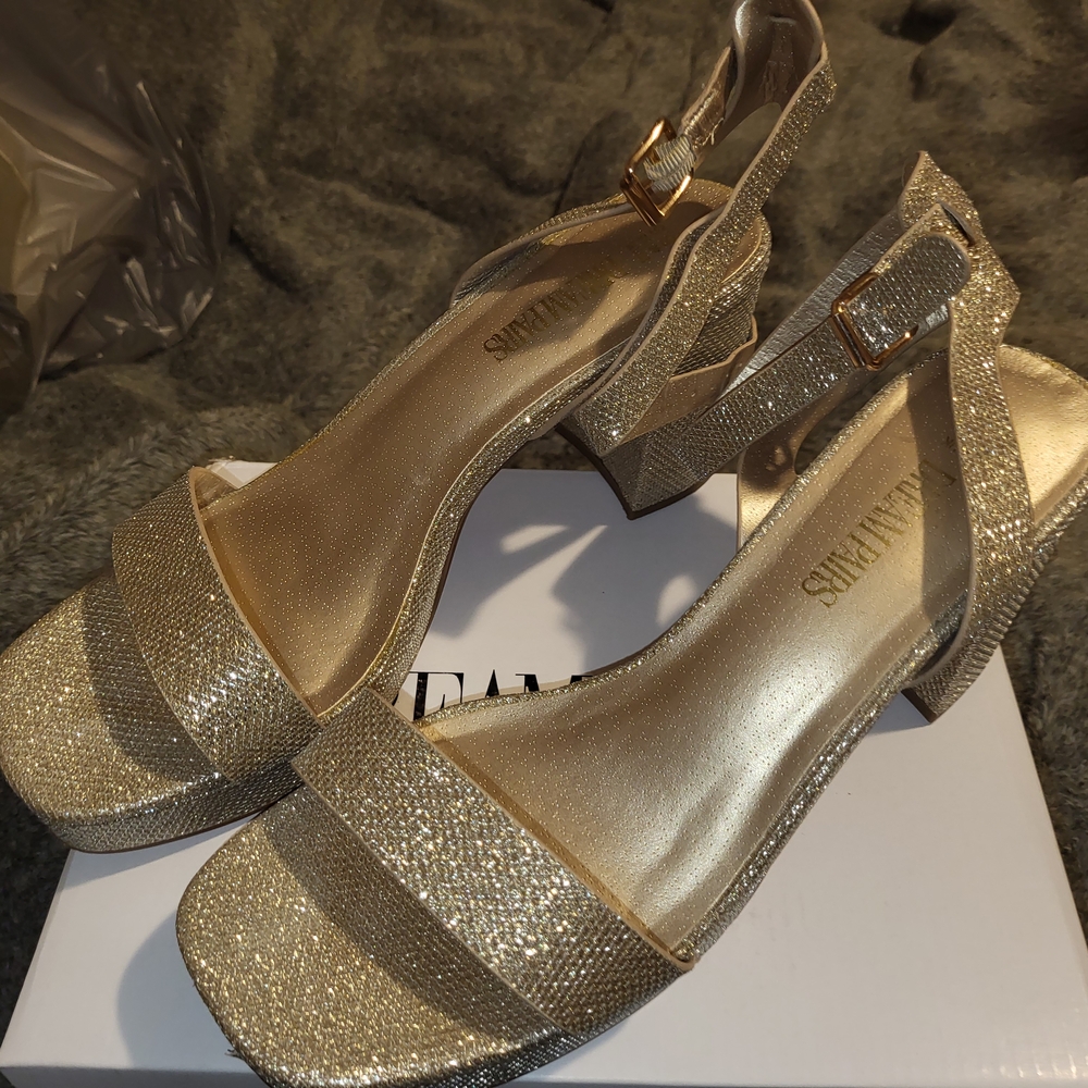 Shimmering Gold Block Heel Sandals